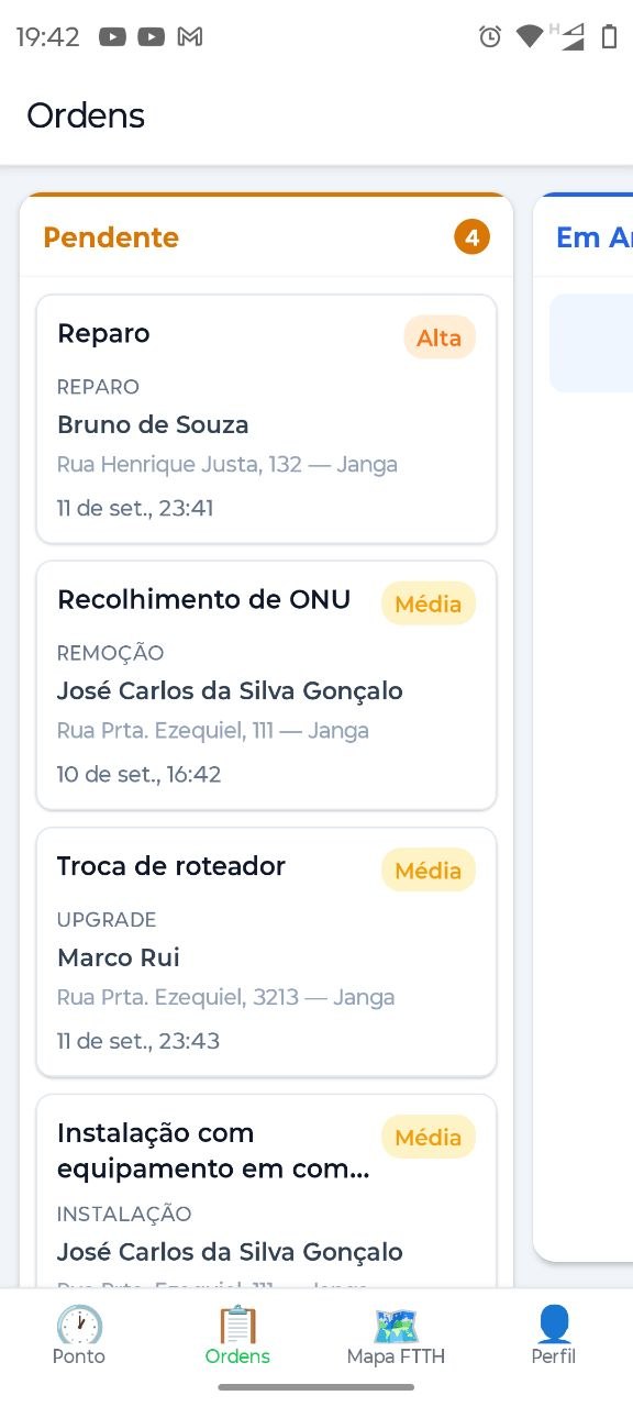 Lista de ordens de serviço no App do Técnico